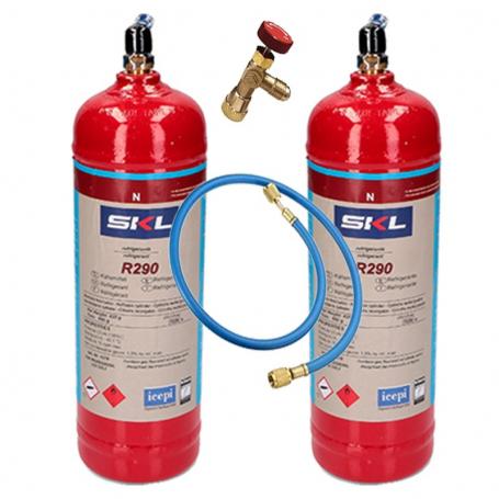 2 refrigerant gas bottles R290 + hose + 370gr valve propane