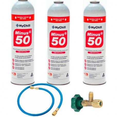 3 Botellas Gas Ecologico Minus 50 375Gr + Valvula + Manguera Sustituto R22 R404a R407C R502 Freeze Organico