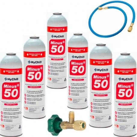 6 Botellas Gas Ecologico Minus 50 375Gr + Valvula + Manguera Sustituto R22 R404a R407C R502 Freeze Organico