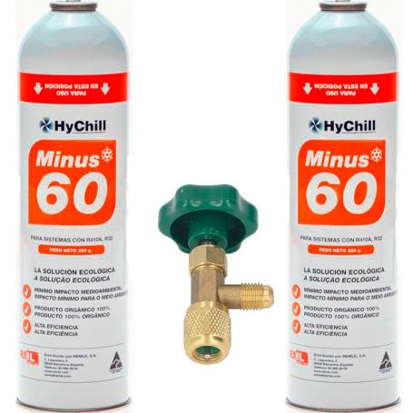 2 Botellas Gas Minus 60 350Gr + Valvula Sustituto R32, R410A Freeze Organico