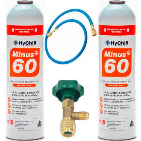 2 Botellas Gas Ecologico Minus 60 350Gr + Valvula + Manguera Sustituto R32, R410A Freeze Organico