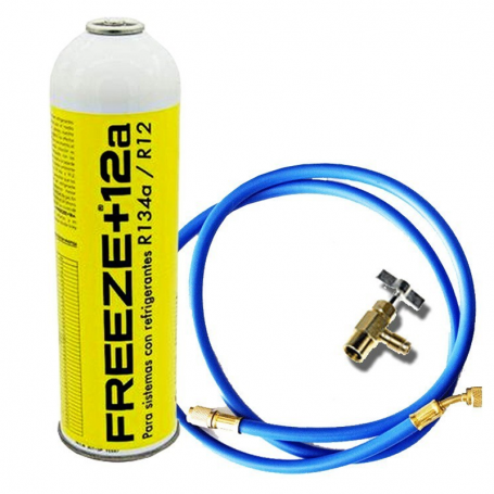 1 Botella Gas Ecologico Refrigerante Freeze +12a 420Gr + Valvula + Manguera Organico Sustituto R12, R134A