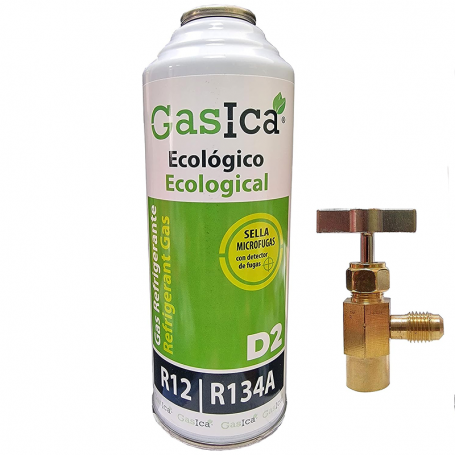 1 Botella Gas Ecologico Gasica D2 312G + Valvula Sustituto R12, R134A Freeze Organico