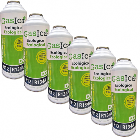 6 Botellas Gas Ecologico Gasica D2 226gr Sustituto R12, R134A Freeze Organico