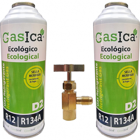 2 Bottles Gas Ecologico Gasica 226gr D2 + Valvula Surrogate R12, R134A Freeze Organico