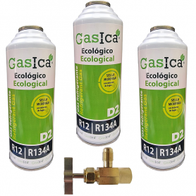 3 Botellas Gas Ecologico Gasica D2 226gr + Valvula Sustituto R12, R134A Freeze Organico