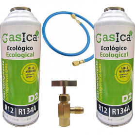 2 Botellas Gas Ecologico Gasica D2 226gr + Valvula + Manguera Sustituto R12, R134A Freeze Organico