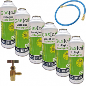 6 Botellas Gas Ecologico Gasica D2 226gr + Valvula + Manguera Sustituto R12, R134A Freeze Organico