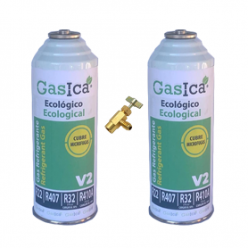2 Flaschen Gas ökologisch Gasica 226Gr + V2 Ventil Ersatz R22, R32, R407C, R410A Organic Frost