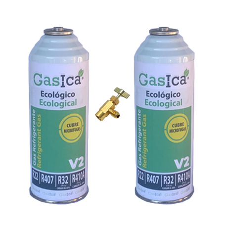 2 Flaschen Gas ökologisch Gasica 226Gr + V2 Ventil Ersatz R22, R32, R407C, R410A Organic Frost