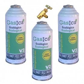3 Flaschen Gas ökologisch Gasica 226Gr + V2 Ventil Ersatz R22, R32, R407C, R410A Organic Frost