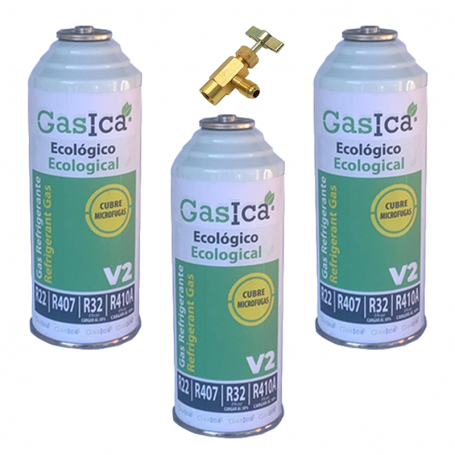 3 Flaschen Gas ökologisch Gasica 226Gr + V2 Ventil Ersatz R22, R32, R407C, R410A Organic Frost