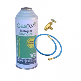 1 Flasche Gas ökologisch Gasica 226Gr + V2 + Schlauchventil Ersatz R22, R32, R407C, R410A Organic Frost