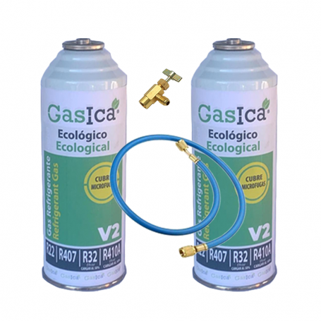 2 Flaschen Gas ökologisch Gasica 226Gr + V2 + Schlauchventil Ersatz R22, R32, R407C, R410A Organic Frost
