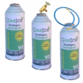 3 Flaschen Gas ökologisch Gasica 226Gr + V2 + Schlauchventil Ersatz R22, R32, R407C, R410A Organic Frost