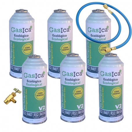 Gasflaschen 6 Ökologische Gasica 226Gr + V2 + Schlauchventil Substitute R22, R32, R407C, R410A Organic Gefrier