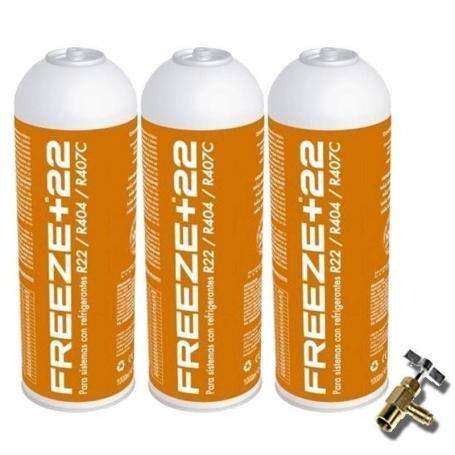 3 Botellas Gas Refrigerante Freeze +22 400Gr + Valvula Organico Sustituto R22, R404, R407C