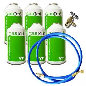 6 Botellas Gas Ecologico Gasica YF 226gr + Valvula + Manguera Alternativo R1234YF Freeze Organico