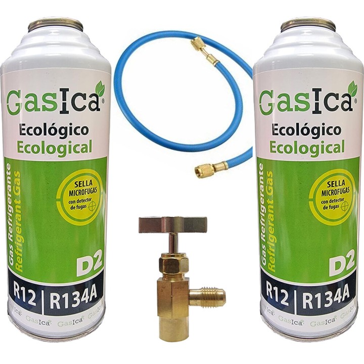 2 Bouteilles De Gaz D2 226G + Vanne + Tuyau Alternatif R12, R134A Freeze Organic