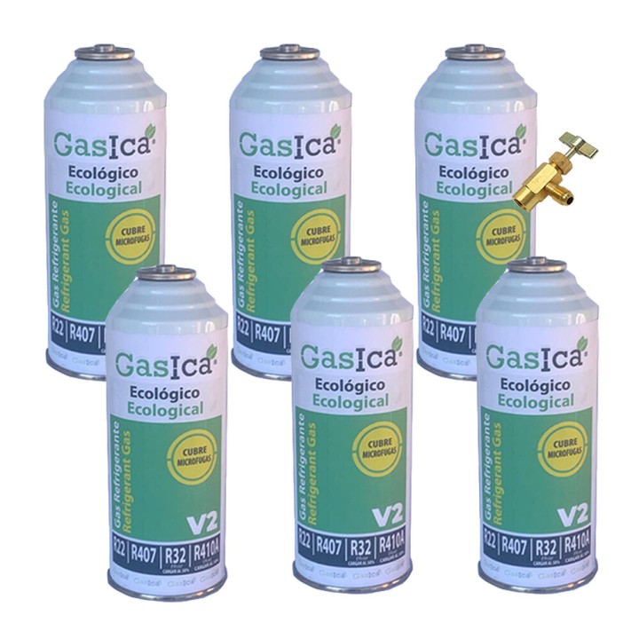 6 Bombole Gas V2 226Gr + Valvola Alternativa R22, R32, R407C, R410A Congelamento