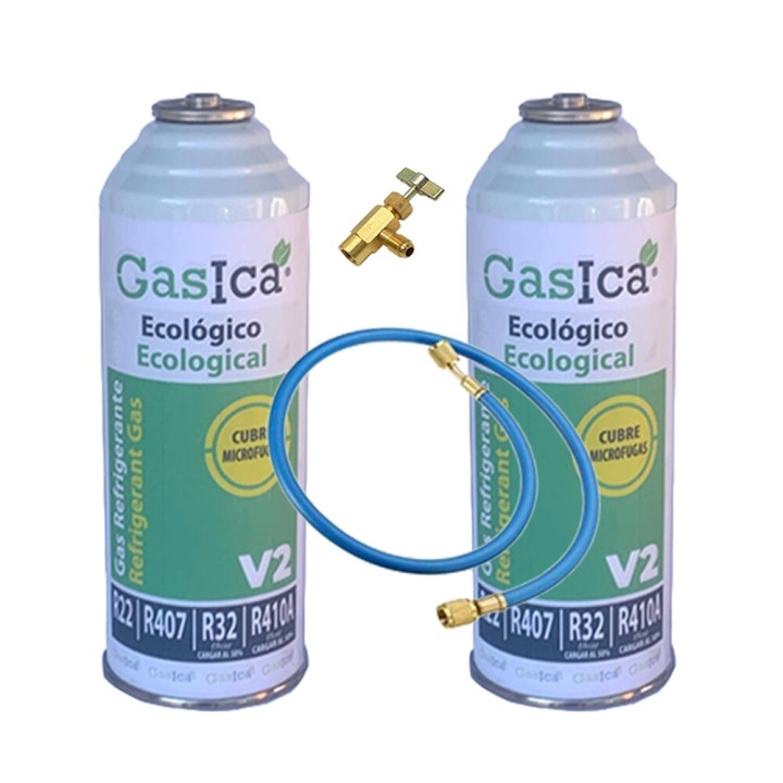 2 Bouteilles De Gaz V2 226Gr + Vanne + Tuyau Alternatif R22, R32, R407C, R410A Freeze Organic