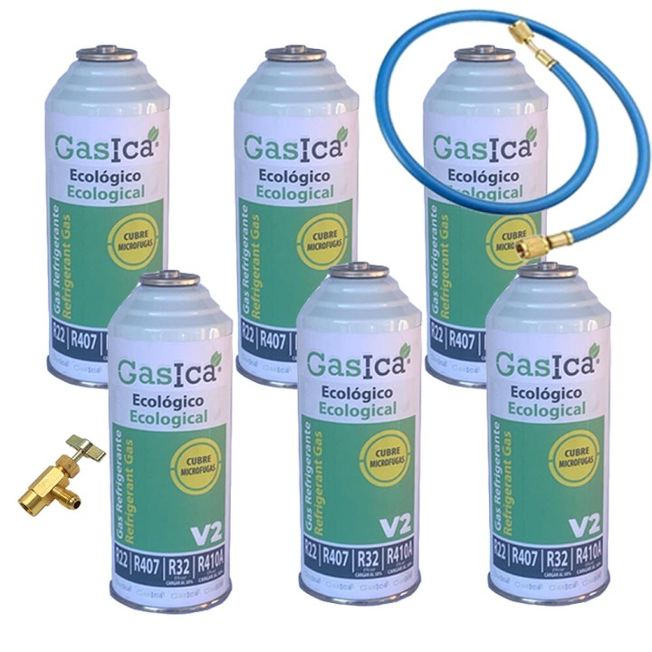 6 Bouteilles De Gaz V2 226Gr + Vanne + Tuyau Alternatif R22, R32, R407C, R410A Freeze