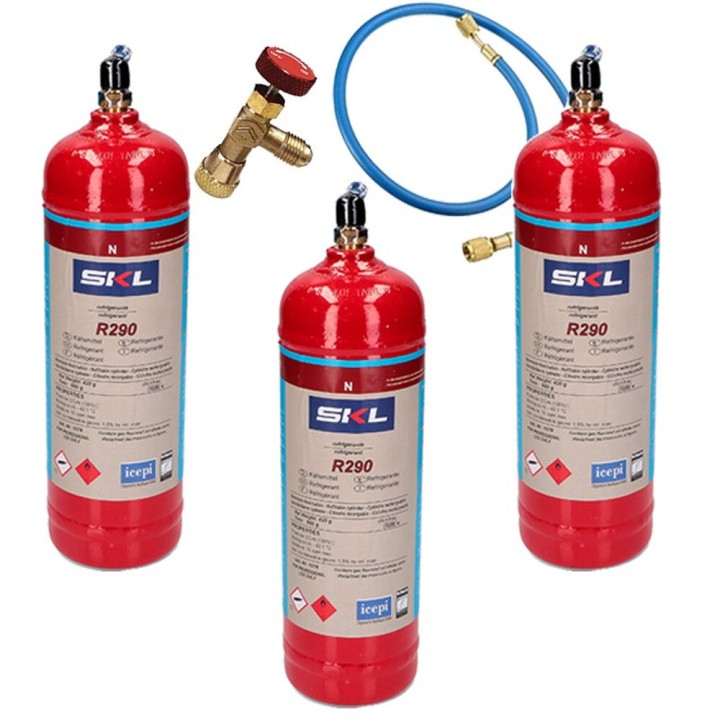 3 Bottles R290 Refrigerant Gas + Hose + Valve 370Gr Propane Freeze Organic