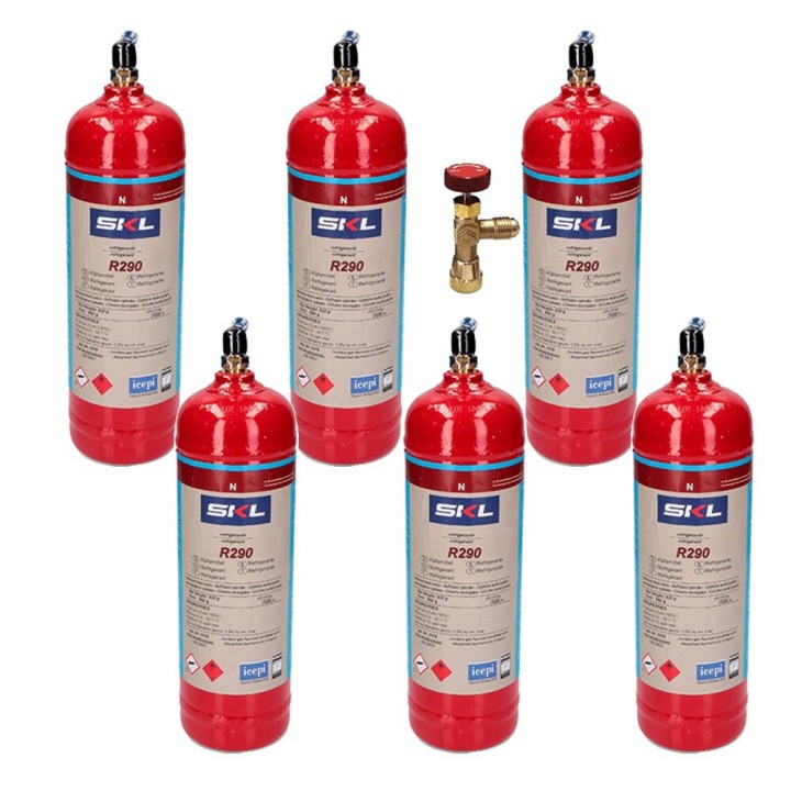6 Bottles R290 Refrigerant Gas + 370Gr Valve Freeze Organic Propane