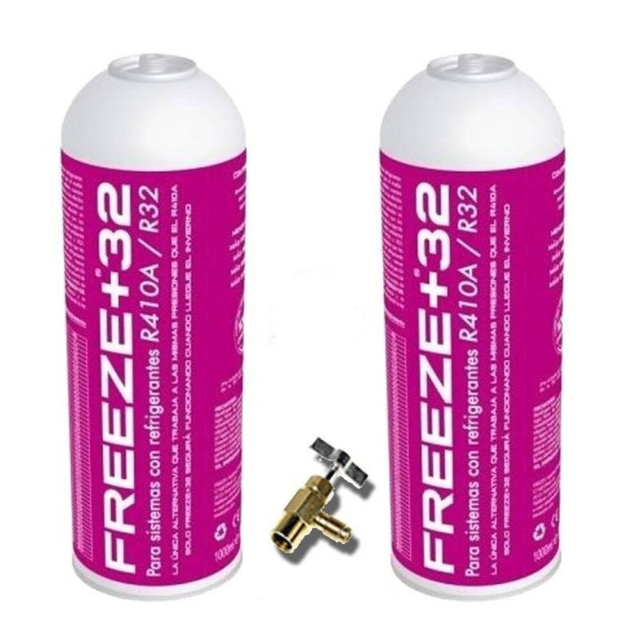 2 Botellas Gas Refrigerante Freeze +32 350Gr + Valvula Organico Sustituto R32/R410A