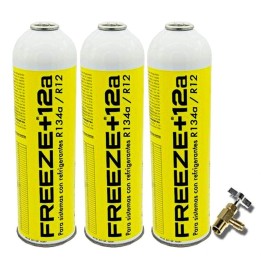 3 Botellas Gas Refrigerante Freeze 420Gr + Valvula Organico Sustituto R12/R134A