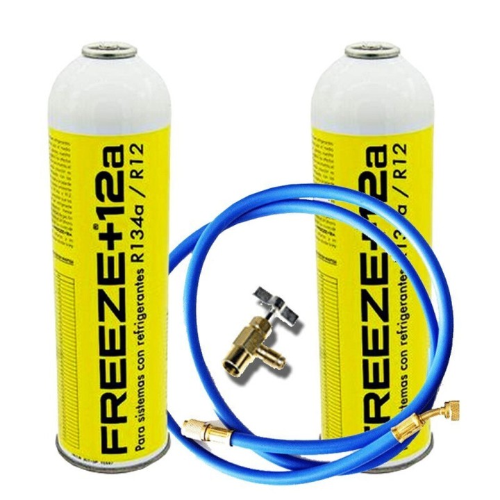 2 Flaschen Freeze +12A 420Gr Kältemittel Gas + Ventil + Organischer Schlauchersatz R12, R134A