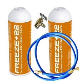 2 Botellas Gas Refrigerante Freeze +22 400Gr + Valvula + Manguera Organico Sustituto R22/R404/R407C/
