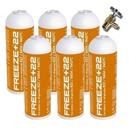 6 Botellas Gas Refrigerante Freeze +22 400Gr + Valvula Organico Sustituto R22/R404/R407C/