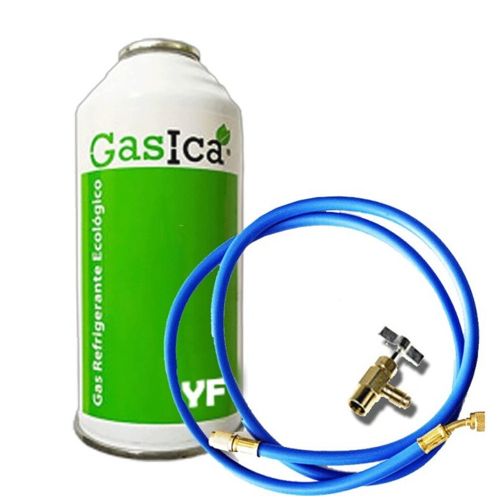 1 Botella Gas Ecologico Gasica YF 171gr + Valvula + Manguera Sustituto R1234YF Freeze Organico