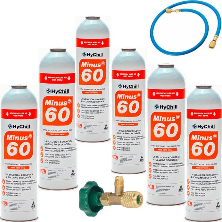 6 Minus 60 350Gr Gasflaschen + Ventil + Schlauchersatz R32, R410A Freeze Organic